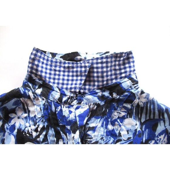 Jones NY Women Shirt/Blouse Floral Blue/White Roll-up Sleeve Pintucks Cotton XL - Picture 15 of 16